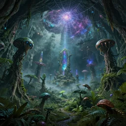 overgrown deep underground cave on an exotic alien planet with a lush overgrown jungle of insectile alien trees, monolithic structures emitting cosmic astral energy, giant spider webs hanging from the cave ceiling nebula fog and cosmic mistby rodney matthews, al feldstein and greg rutkowski, artstation, octane, ue 5, photorealistic rende