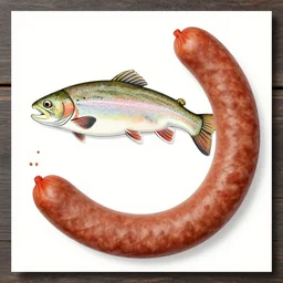 an informative diagram featuring a trout turning into a sausage. schematic on paper poster, high detailed illustration sausage transformation