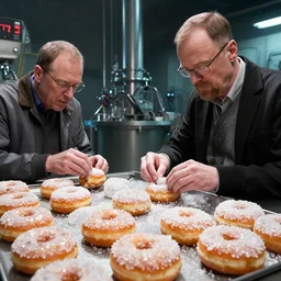 walter white and jesse pinkman in gus frings underground laboratory making crystal covered donuts