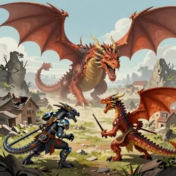 dragons fighting over a destroyed village, digital art