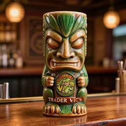 a photorealistic photograph of a Trader Vic's tiki mug featuring Johnny Depp at a Tiki bar - Trending on Artstation, featured on Behance, well-rendered, Unreal Engine, 4K HD
