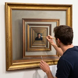 droste effect, a man paints a frame that displays the same man in it painting a frame of themselves again, droste effect