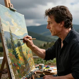 tom cruise as bob ross, cinematic still, actively painting, amazing photo