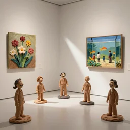 plasticine sculpture stop motion. salvador dali clay models. gallery. paintings of flowers. figures clay. minimal. tilt shift. fish tank. visitors. photorealistic. john craxton. room with small hole in wall
