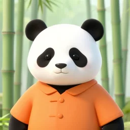 Panda on orange chothes, bamboos on background