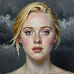 professional painting of Elle Fanning in the style of Vanessa Beecroft, head and shoulders portrait, symmetrical facial features, smooth, sharp focus, illustration, intricate, stormy weather, extremely detailed masterpiece,