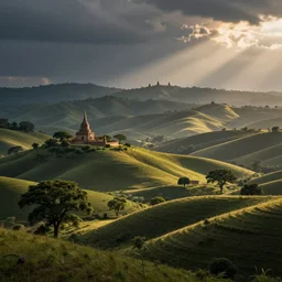 Fantasy landscape, rolling hills, trees and ancient temple