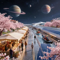 floating wet renaissance venice market with vendors on a luxurious road on interstellar solar system with nearby planets seen from the distance, advanced highway, star trek style, by peter mohrbacher, jeremy mann, greg rutkowski, android james, ross tran, beautiful, award winning scenery, 8 k quality, clean details, serene, sakura season