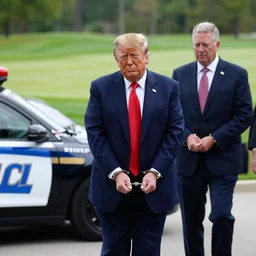 photo of trump with handcuffs on his hands, being taken from his golf course to an fbi car