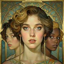 an art nouveau, ( art deco ), multi - racial portrait in the style of anna dittmann and charlie bowater and chanthara. very large, clear, expressive, and intelligent eyes. centered, ultrasharp focus, dramatic lighting, photorealistic digital matte painting, intricate symmetrical ultra detailed background.