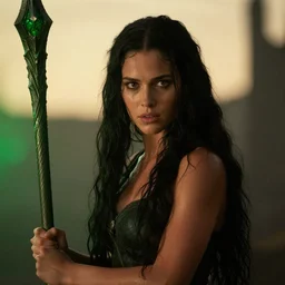 epic photo of young jessica biel as beautiful d & d sorceress with very long black hair, battle scene, holding her wizard staff, sweaty, neutral expression, perfect likeness, rim light glow, low contrast, soft light, low light, green hue, shallow depth of field, photorealistic, cinematic lighting, lovely bokeh, warm colours, sunset, movie quality, green glow from the left, excalibur 1 9 8 5, movie still, cinemascope
