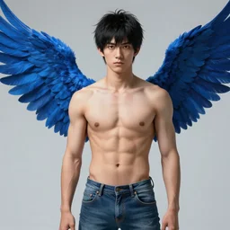 Anime portrait of Daniel Sharman with blue-wings, shirtless, jeans, detailed, photorealistic digital art, style by Ruan Jia and Fenghua Zhong