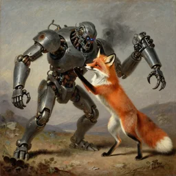 anthropomorphic fox fighting a mechanical monster, 1 9 th century painting