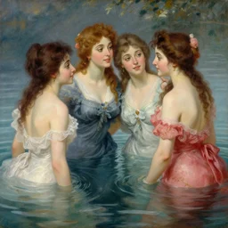 enchanted liberland with pretty women enjoying water, hyperdetailed, artstation, painting by gaston bussiere, craig mullins, j. c. leyendecker r