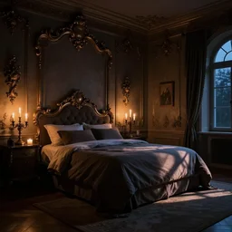 very dark night modern rococo bedroom, candlelight, dusk, shadows