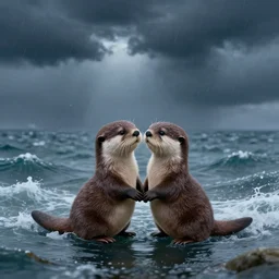 A pair of adorable otters falling in love holding hands side by side, all alone in the middle of a huge storm at sea, fantasy illustration, cinematic, dreamlike, Award winning, romance, detailed trending on art station masterpiece