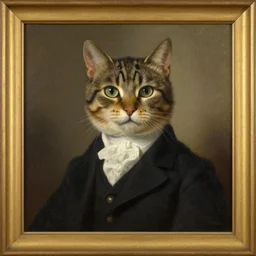 An oil painting by Rembrandt of a cat with a suit