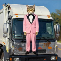 Portrait of Man disguised as Tabby Cat wearing a pink tuxedo Standing atop a Garbage Truck Newell Convers Wyeth Andrew Wyeth Jamie Wyeth