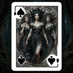 playing card of the three fates, dark and ethereal, wild hairs, expressive poses, dark  dress, fantasy, intricate, dark forest background, highly detailed, digital painting, artstation, concept art, smooth, sharp focus, illustration, art by artgerm and greg rutkowski, artgerm and alphonse mucha