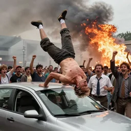 2 4 mm color photograph of shirtless geert wilders trying to flip over a car while angry mob is shouting, fire, smoke, atmospheric lighting, by joel meyerowitz, by saul leiter