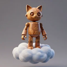 3 d octane render, ultra photorealistic, 8 k hyper detailed image, a beautiful wooden statue of a figurine of a robot wood with cat ears on a magic cloud, artstation, alphonse mucha