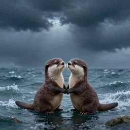 A pair of adorable otters falling in love holding hands side by side All alone in a huge storm at sea, fantasy illustration, cinematic, dreamlike, Award winning, romance, detailed trending on art station masterpiece