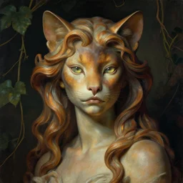 detailed portrait in femininity, magical, feline, realistic face chiseled features, specular eyes, ethnic, statuesque model, natural skin, flowing ruffled hair, warm glow, subsurface scattering, avant garde fashion, chiaroscuro, organic impressionism, vine backdrop, deep rich color, digital illustration