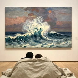 we lied under a blanket and heard the furious sound, the roar of waves, the pounding surf, painted by winslow homer, rodcenko, yue minjun, gottfried helnwein