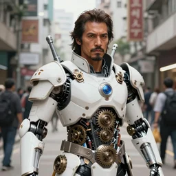 portrait of danny trejo in white samurai metallic robotic armoury gears, by jan van eyck, kim jung gi, james jean, in the street of neo hong kong, craig mullins