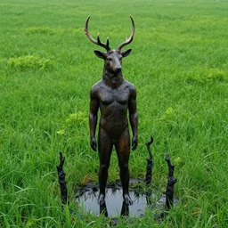 a lush green field, with a satyr standing resolute, a sense of awe,, monogon, plasma display, glossy, charred, water, ray tracing reflections, in a symbolic and meaningful style,