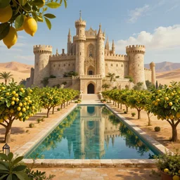 adobe castle with large rectangle reflective pool surrounded by lemon trees in the desert, game of thrones, volumetric lighting, fantasy artwork, very beautiful scenery, very realistic painting effect, hd, hdr, cinematic 4 k wallpaper, 8 k, ultra detailed, high resolution, artstation