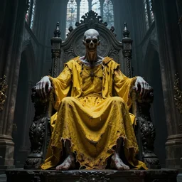 a tall pale humanoid wearing a yellow garment sitting upon an ornate stone throne, 4K, digital art, horror, dramatic, wearing a long yellow rotting garment, dark, hyperrealistic, perspective, complex (((dark))) cathedral background with volumetric lights coming in through cathedral windows, dark background, highlights,