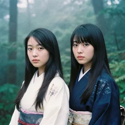 portrait bust of emi takei and haruka fukuhara, film grain, kodachrome, dense forest, long black hair, classic kimono, heavy fog, backlit, princess mononoke, 4 k, greg rutkowski, shallow depth of field, dramatic lighting, sunset, hayao miyazaki, masashi ando, nizou yamamoto, kazuo oga