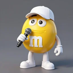 a single yellow m & m candy with white arms and legs holding a microphone, a yellow sphere wearing a white baseball cap, eminem as a m & m candy standing on a floor covered with m & m candies, m & m candy dispenser, m & m plush!!!, unreal engine, studio lighting, unreal engine, volumetric lighting, artstation, professional food photography