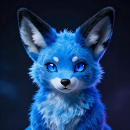 blue fennec furry anthro facing camera black hair blue eyes neon dark portrait background highly detailed trending coherent face