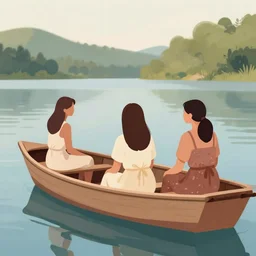 women sitting in a boat on a lake, highly detailed 2 d illustration in matte colors