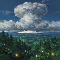 a vast ancient forest with fireflies and futuristic white temple spaceship at night and lots of cummulonimbus clouds by makoto shinkai, moebius!, oliver vernon, joseph moncada, damon soule, manabu ikeda, kyle hotz, dan mumford, by kilian eng