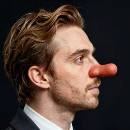 a hyper realistic high key profile headshot photograph of a hipster man with a pinocchio nose. by eric lafforgue