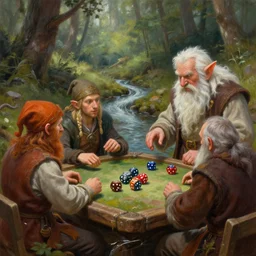 fantasy illustration of halfling dice gambling with a white haired dwarf next to a shallow creek, oil painting, greg rutkowski, wlop, highly detailed, colorful, unreal engine, octane render, dramatic lighting, cinematic composition,