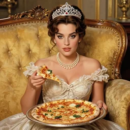 young sophia loren having pizza served on a silver platter, relaxed pose on antique luxury sofa, intricate ornamented tiara, opulent pearl necklace, laced dress, golden lighting, perfectly lit face, symmetrical details, extremely hight detailed burlesque paintbrush painting