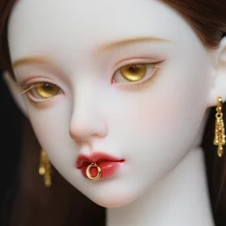 close - up product photo, elf girl with soft white skin and gold eyes, golden jewelry on red lips, look at the details