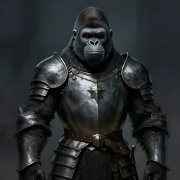 smiling gorilla wearing medieval suit of armor, illustration, concept art, art by wlop, dark, moody, dramatic