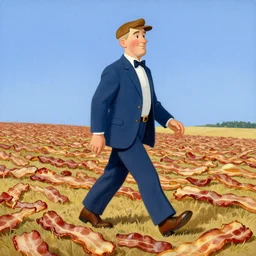 anthropomorphic pancake man, walking through a field of bacon, blue sky, painted in the style of norman rockwell