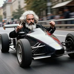professional photograph of karl marx illegal street racer in a fast car, closeup, dynamic pose, aperture 1. 2
