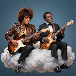 photo of jimi hendrix and b. b king, with very highly detailed face, jamming with electric guitars, sitting on fluffy clouds. realism, beautiful, dramatic by steve mccurry