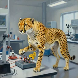 a humanoid cheetah wearing clothes doing electrical engineering in the laboratorium. award winning painting