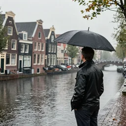 a man admiring the rain in middelburg, the netherlands, digital art, 4 k,