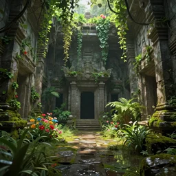 A flooded stone temple, with a path, tall ceiling, overgrown with weeds, lush plants, colorful flowers, rich and green vines hanging from the tall ceiling, verdant bushes, mossy, dimly lit by natural sunlight, detailed, digital art, trending on Artstation, immaculate scale, cinematic lighting