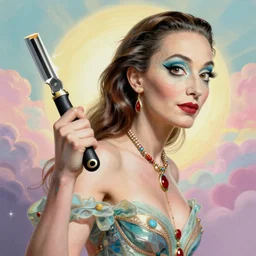 detailed maximalist full body portrait of a woman with a razor. 8x HD mixed media 3D collage in the style of Salvador Dali, hyperdetailed illustration in vibrant pastel tones.