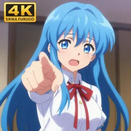 erika furudo from umineko when they cry, blue hair, pointing at the camera dramatically, artstation, 4 k